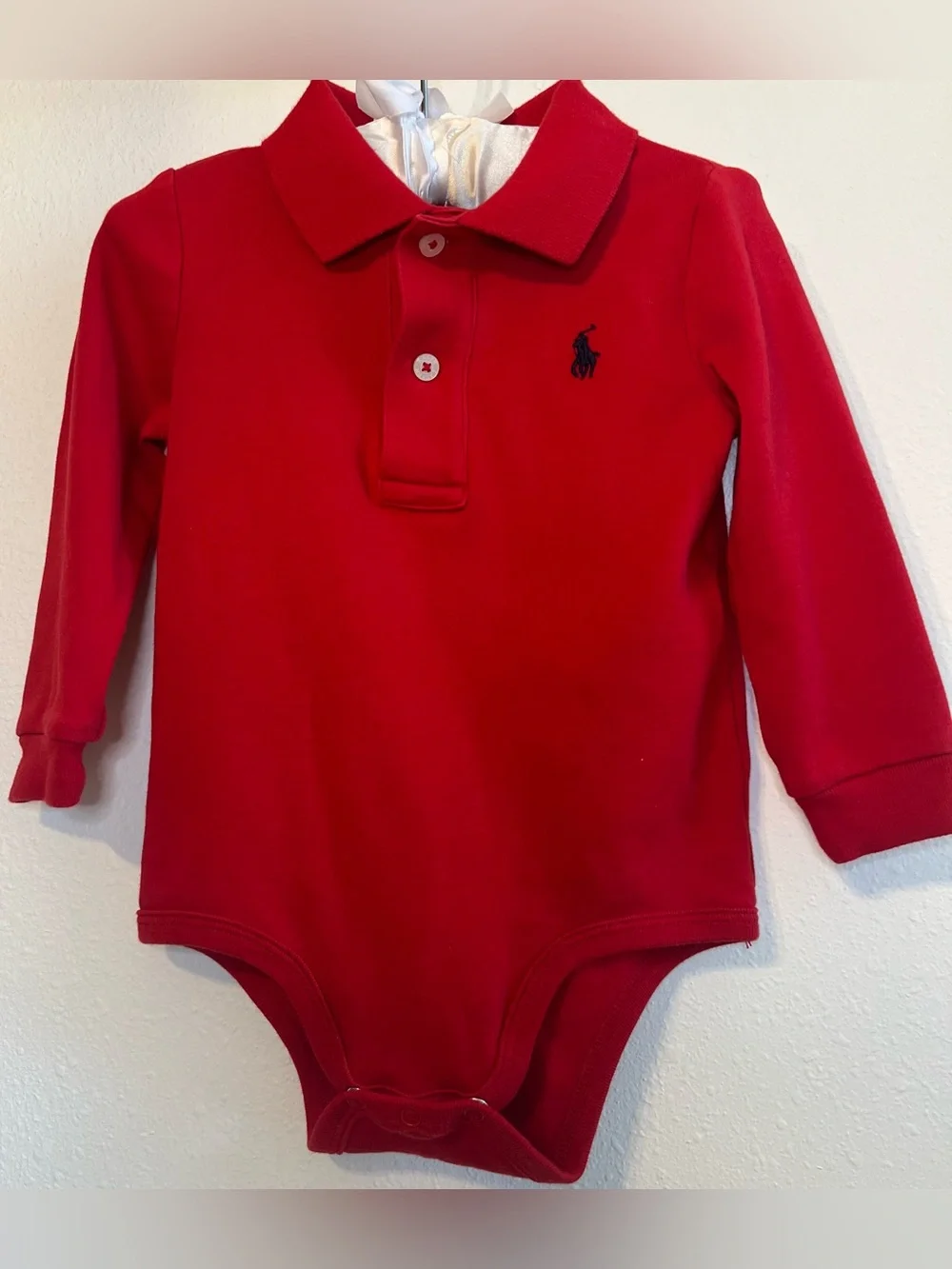 Ralph Lauren Red Long Sleeve Baby Onesie with Navy Embroidered Pony